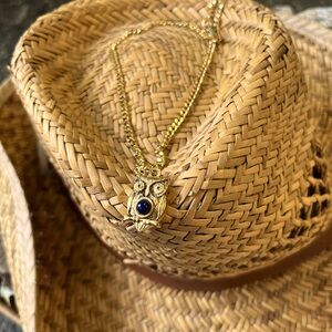 Gold owl necklace with sapphire stone.